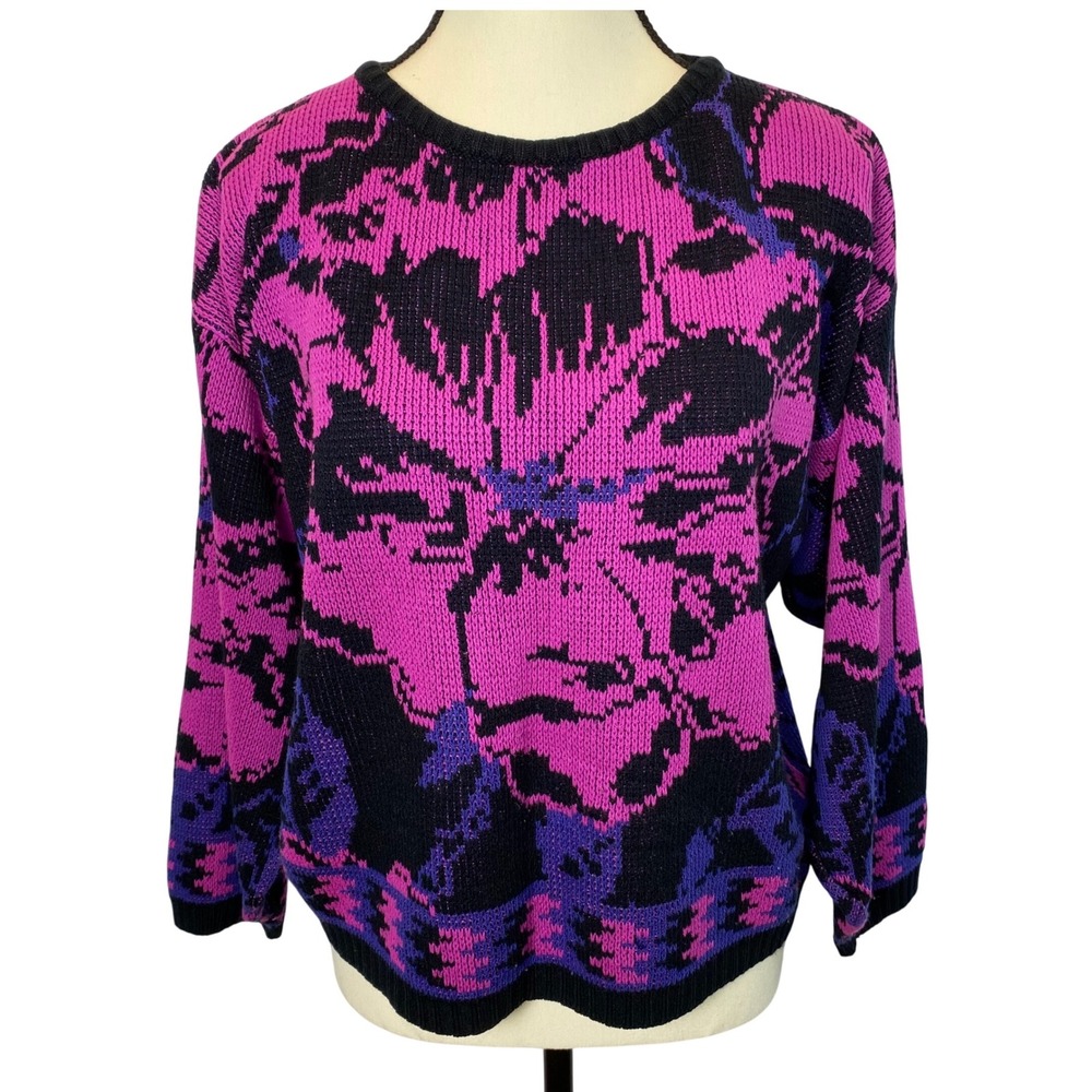 Vintage Via‎ La Women's Abstract Floral Knit Sweater Crew Neck Pullover Retro
